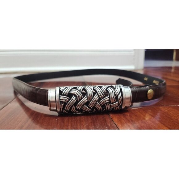 Vintage 80s Vicenza Woman’s 44 Belt Brawn Italian Genuine Calfskin Buckle Skinny - Picture 4 of 10